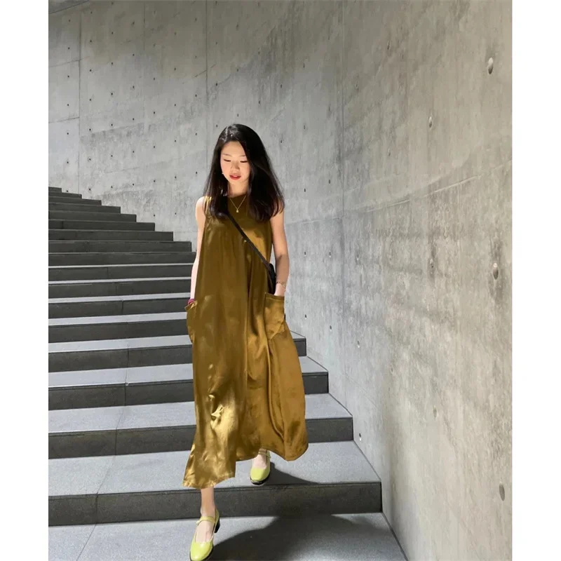 Robe mi-longue en Satin pour femmes, grande balançoire, mode coréenne, col rond, sans manches, ample, décontractée, avec poches, Y2k, nouvelle collection printemps 2025