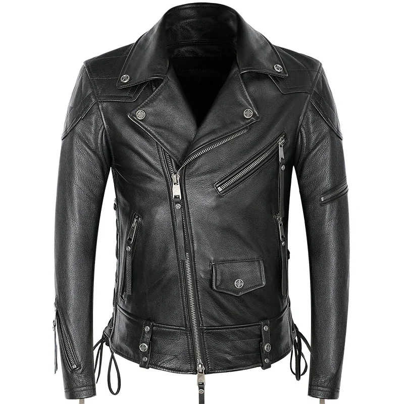 2025 Black Genuine Leather Jacket Men Quality Show Motorccyle Style Real Cowhide Autumn Slim Fit Biker Rivet Coat