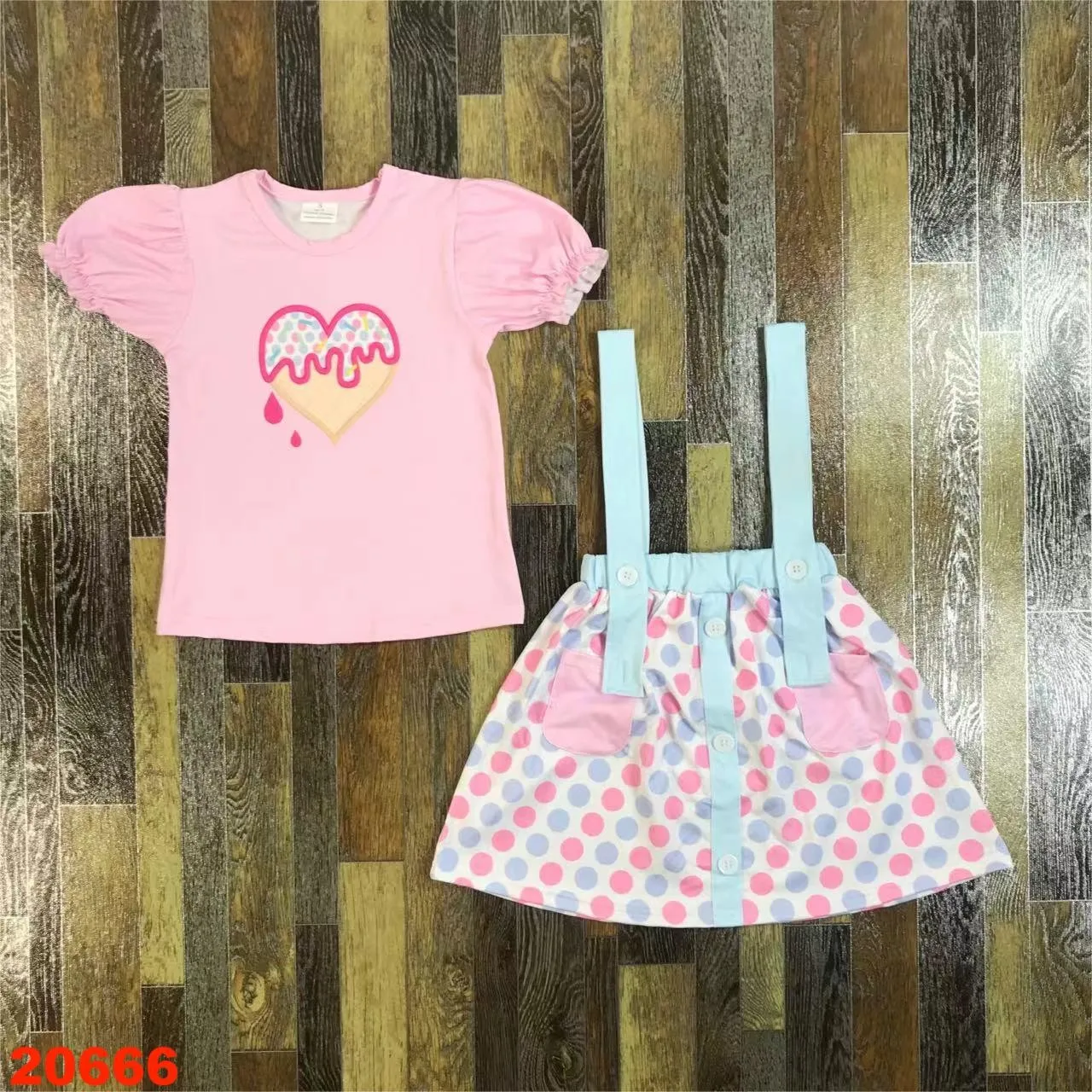 Wholesale Valentine's day Kids Sets Love pattern little girls top overalls skirt  Kids clothing romantic new childrens clothing