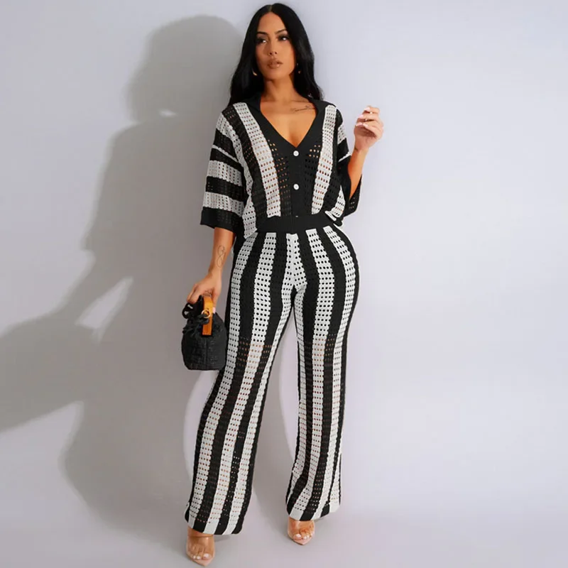 Striped Knitted Pants Set Women 2 Piece Outfit Elegant Hollow Out Button Up V-neck Top and Wide Leg Pants Matching Sets Vacation