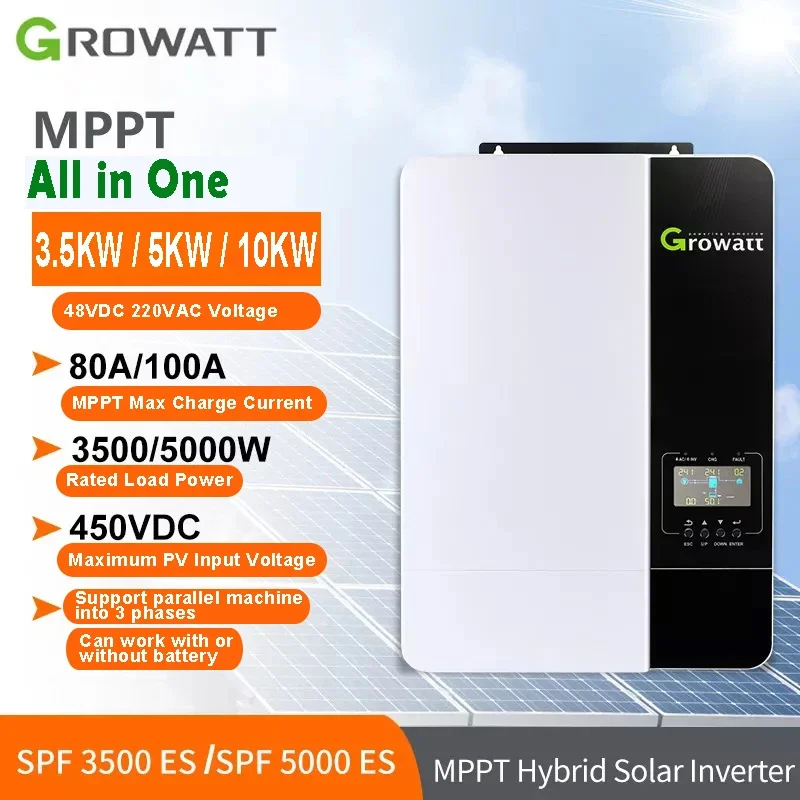 

Growatt SPF 3500ES 3.5Kw Off-Grid Pure Sine Wave 80A MPPT Charger Controller 450 Vdc AC230V Solar Inverter