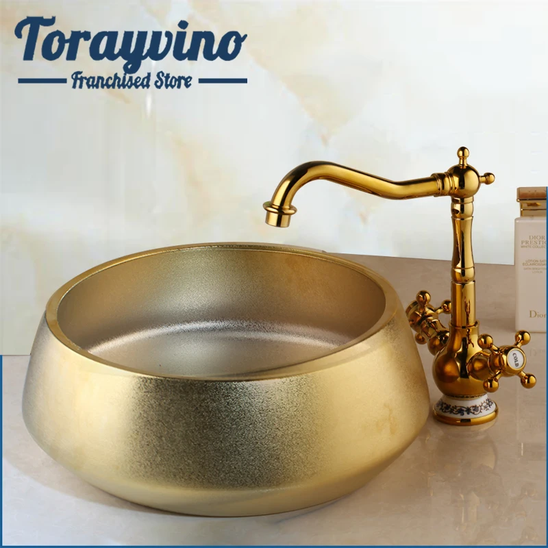 

Torayvino Gold Bathroom Basin Set Glass Hand Painted basin Single Hole Deck Mounted Faucet Waterfall Cold & Hot Water Mixer Taps