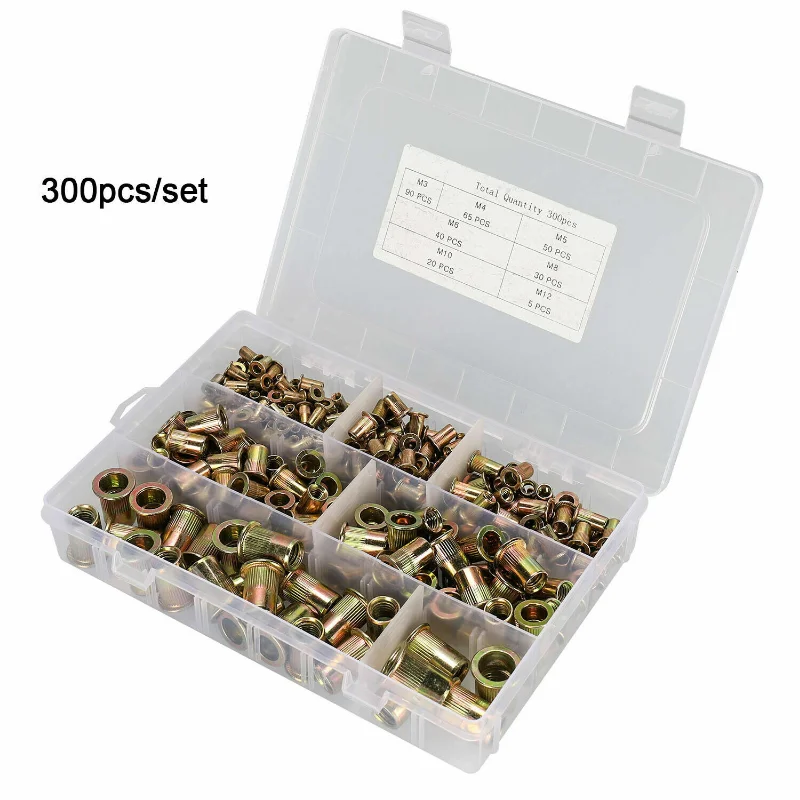 300pcs Mixed Rivet Nut Insert Blind Set Threaded Insert Nutsert Cap Nuts Kit Flat Countersunk Head M3-M12 For Hardware Fasteners