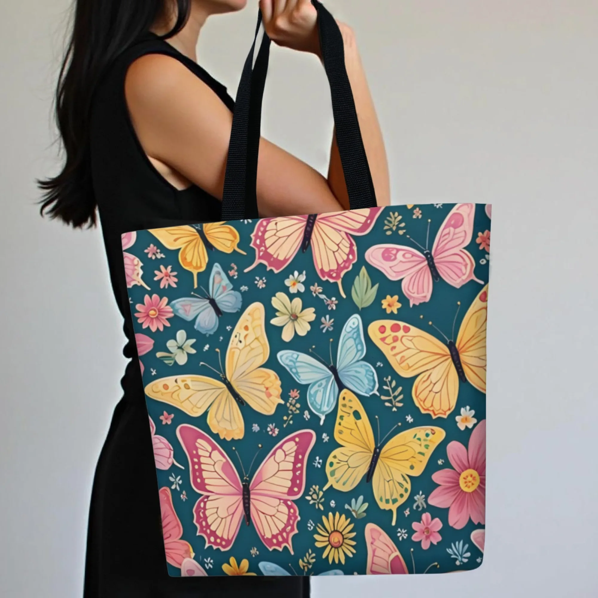 

Retro-style Dreamy Colorful Butterfly Floral Canvas Tote Bag Color-blocked Durable Eco-friendly Everyday Shopping Shoulder Bag