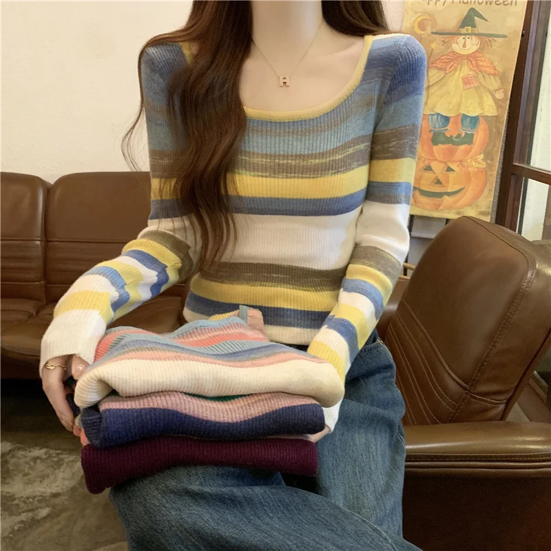 

2024 Women Autumn Winter Retro Striped Sweater Tops Female Round Neck Knitted Tops Ladies Long Sleeves Bottoming Jumpers V80