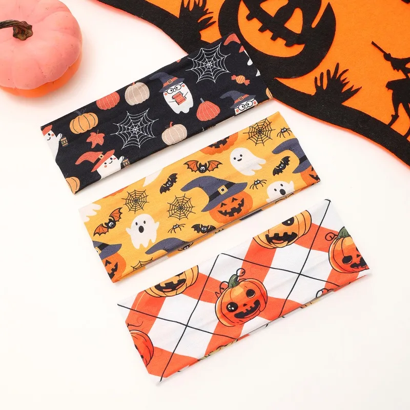 

Halloween Skull Spider Web Pumpkin Pattern Sweat Absorption Yoga Running Exercise Headband Bat Ghost Headband for Women