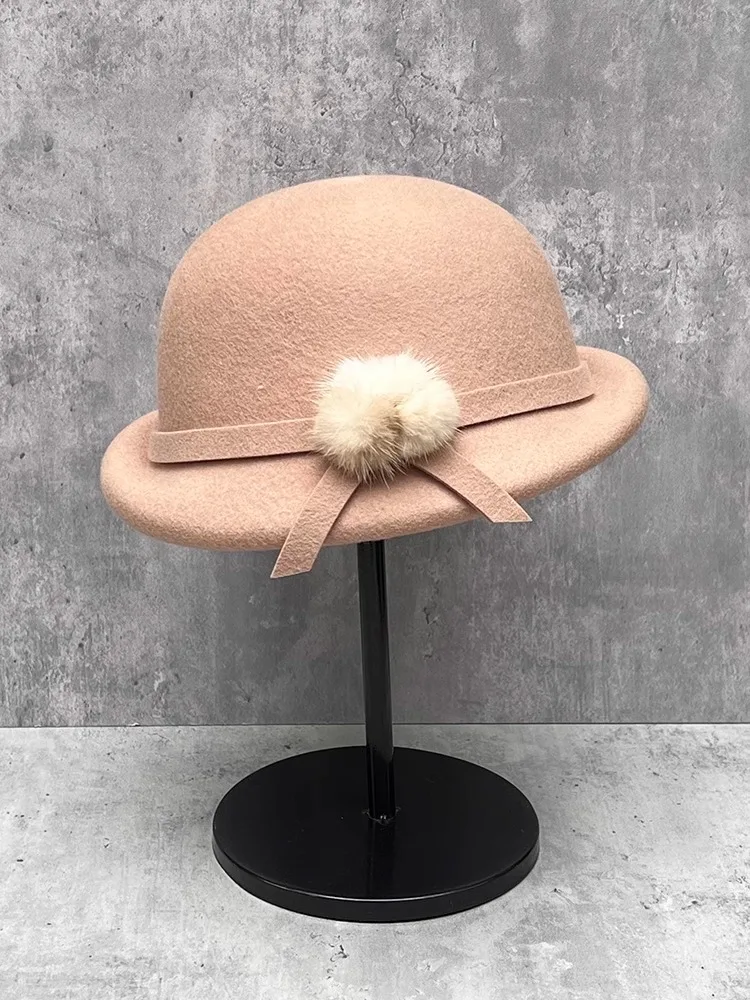 

Женская осенне-зимняя загнутая шерстяная панама с куполом из кроличьего меха с помпоном, стильный женский элегантный фетровый цилиндр