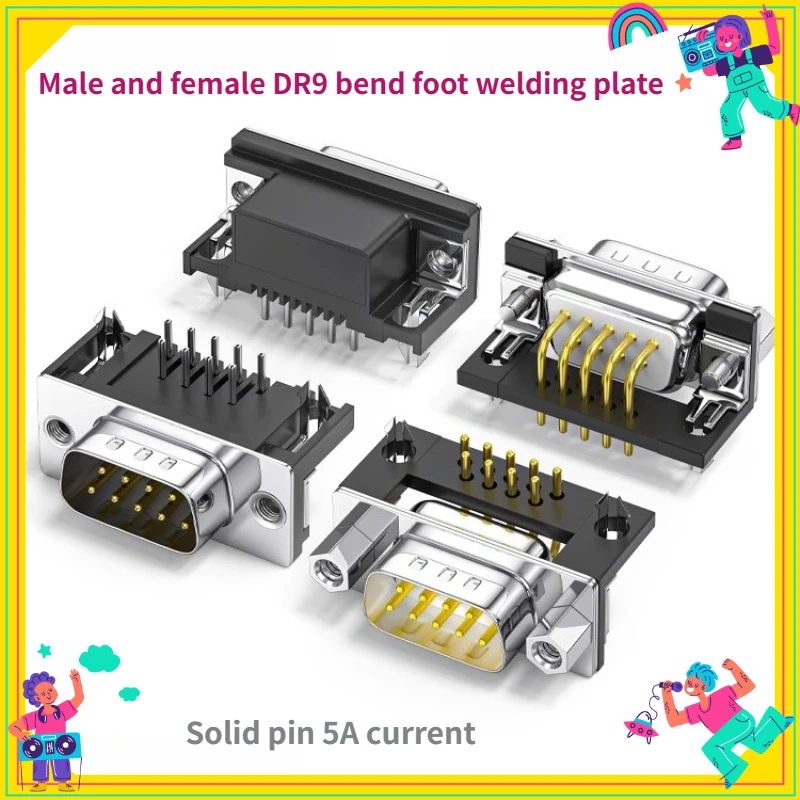 DB9 Bent Foot Male Seat DR9 Serial Circuit Board Socket DP9 Pin Connector 90 Degree 9P Welding Plate for Electronic Components