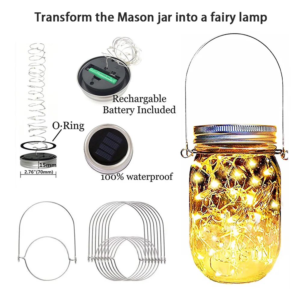 

Solar Mason Jar Lid String Lights | Waterproof Glass Jar Fairy Lights | Warm White/Colorful LED lights| For Garden, Patio, Décor