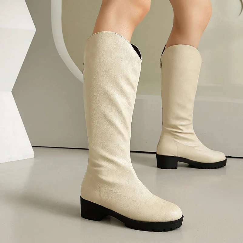 

Женские сапоги до колена больших размеров с круглым носком и толстым каблуком, на плоской подошве и молнией сзади, сапоги в стиле вестерн на толстой подошве