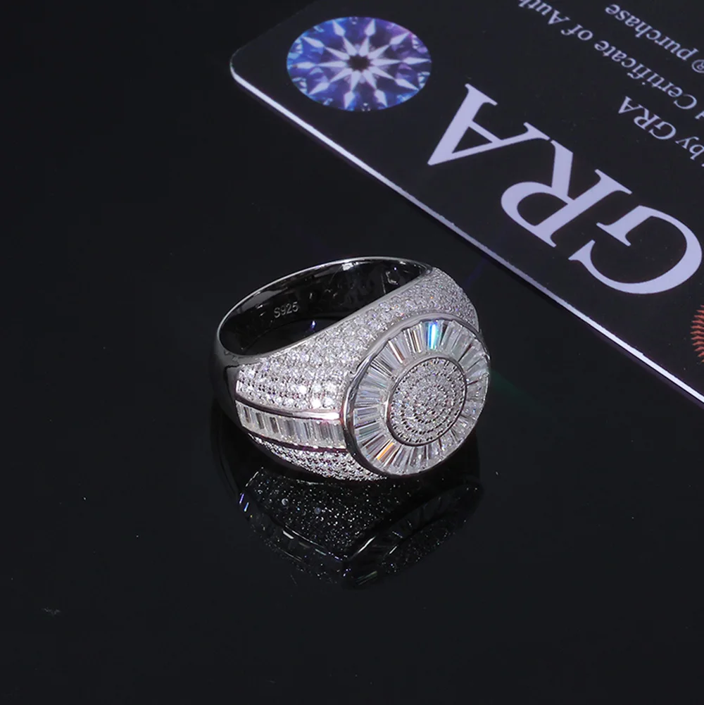 ESKEEM Hip Hop Fine Jewelry Shiny Iced Out Moissanite Ring Micro Pave Baguette 925Silver Ring for Women Men