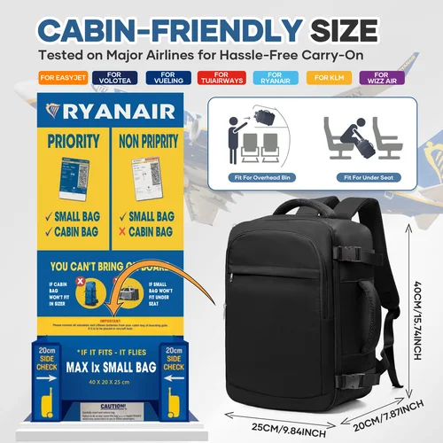 Imagen 2 del producto Bolsa para ordenador portátil de 15,6 pulgadas para hombre, mochila de viaje para avión de cabina, 40x20x25, mochila para equipaje de mano capaz, mochila universitaria Ryanair