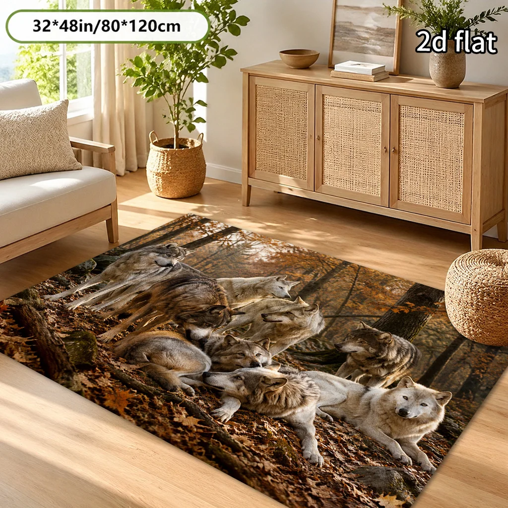 1pc Vintage Brown Wolf Pack Pattern Area Rug, 2D Flat Design, Machine‑Washable, Lightweight Soft, Non‑Slip & Easy To Clean