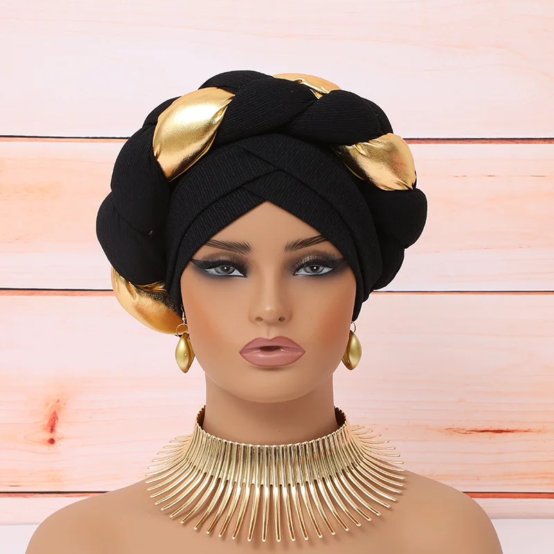 

2024 Latest Women Braid Turbans African Headtie Hijab Head Wraps Aso Oke Headtie Negerian Wedding Party Gele Chemo Caps Bonnet