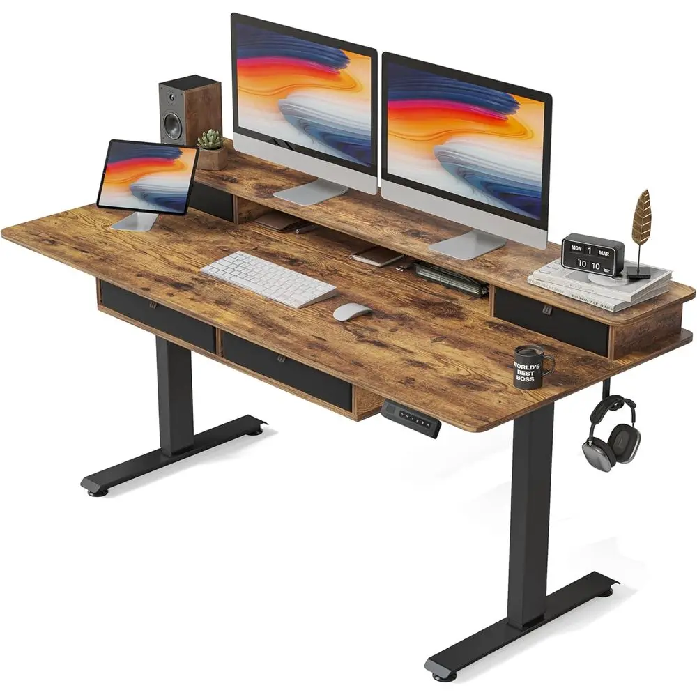 

Rustic Brown 60x30 Electric Standing Desk with Storage Drawers, Adjustable Height for Monitor, Suitable for Study, Gaming, and W