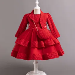 HETISO Children's Spring Autumn Fashion 2 Sets Long Sleeve Beading Girls Dress + Coat Plaid Kids Formal Gown 4 8 10 12 Years