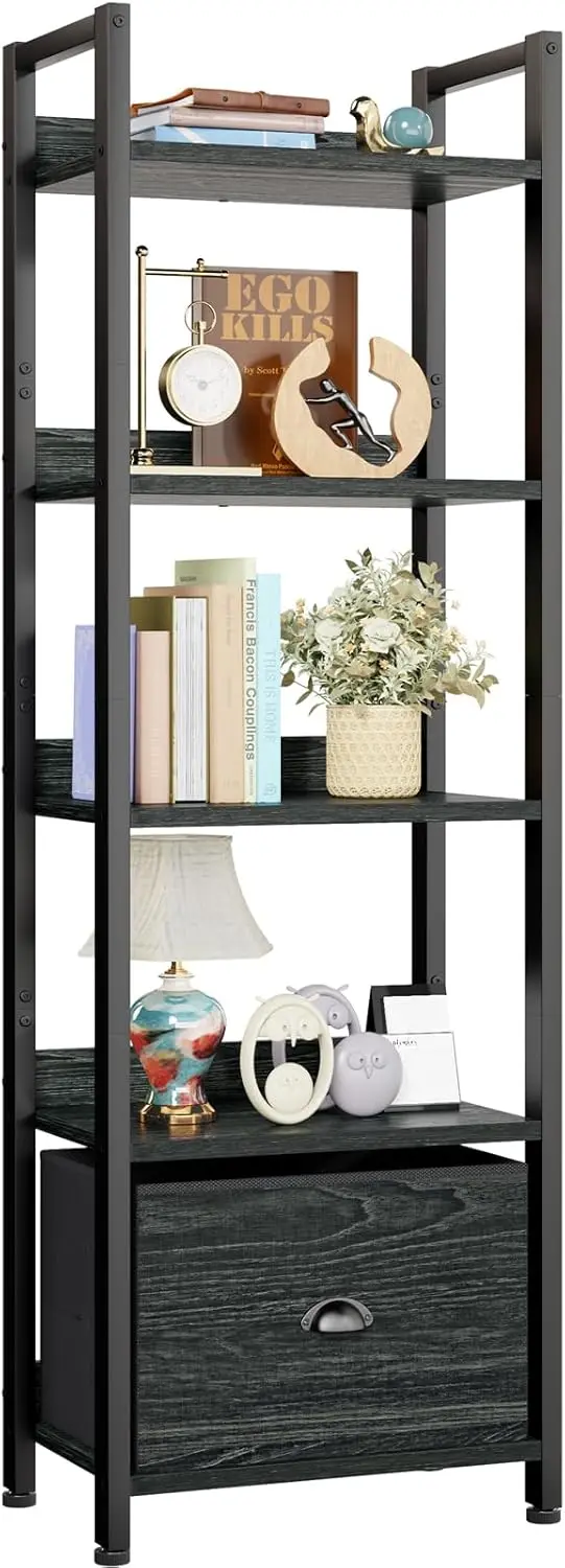 

5-уровневая книжная полка с выдвижным ящиком, промышленная полка для хранения для кухни, спальни, гостиной черного цвета