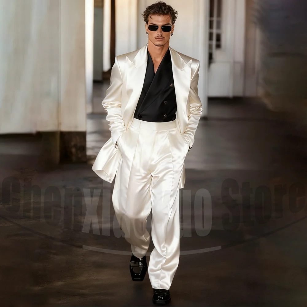 

Men's Satin Suit Set Loose Fit Blazer with Pants Chic Peak Lapel Formal Fashion Runway Weddding Party Stage Outfit 2 Piece
