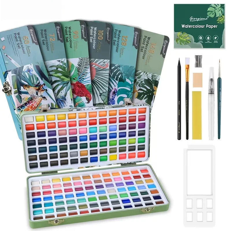 50 Color Watercolor Paint Set Solid, Metallic & Fluorescent, Portable Metal Box for Sketching, Hand Painting