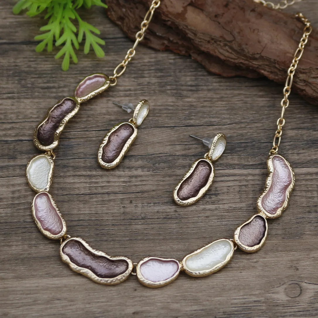 Jewelry DIY accessories new enamel color geometric petal stud earrings necklace set women's fashion versatile flower stud earrin