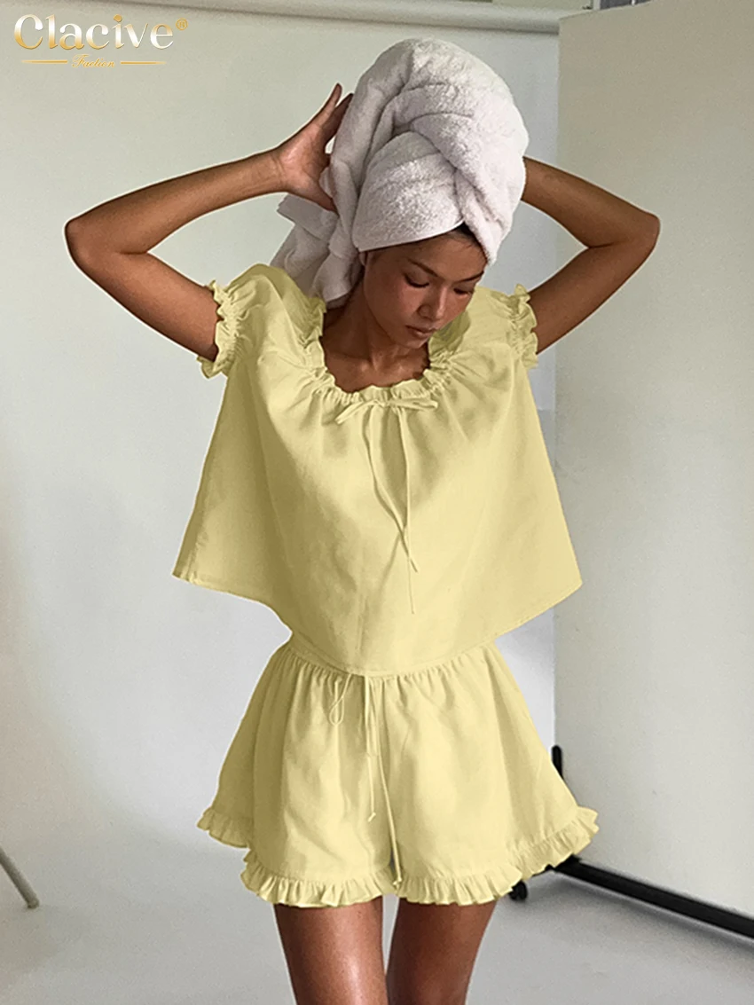 

Clacive Summer Loose Yellow Cotton 2 Piece Set Women 2026 Fashion Short Sleeve Shirt With High Waist Shorts Set Female Streetwea