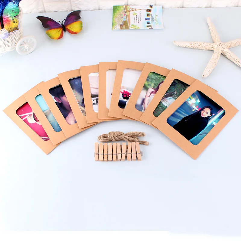 A photo wall featuring a combination of 10 34,567-inch vintage cowhide hanging paper frames with hemp rope clips