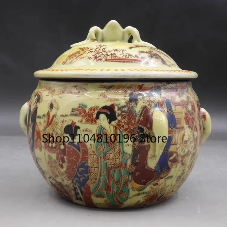 Antique Porcelain Qing Qianlong Pink Colored Ladies Picture Four Series Pot Cover Home Decoration