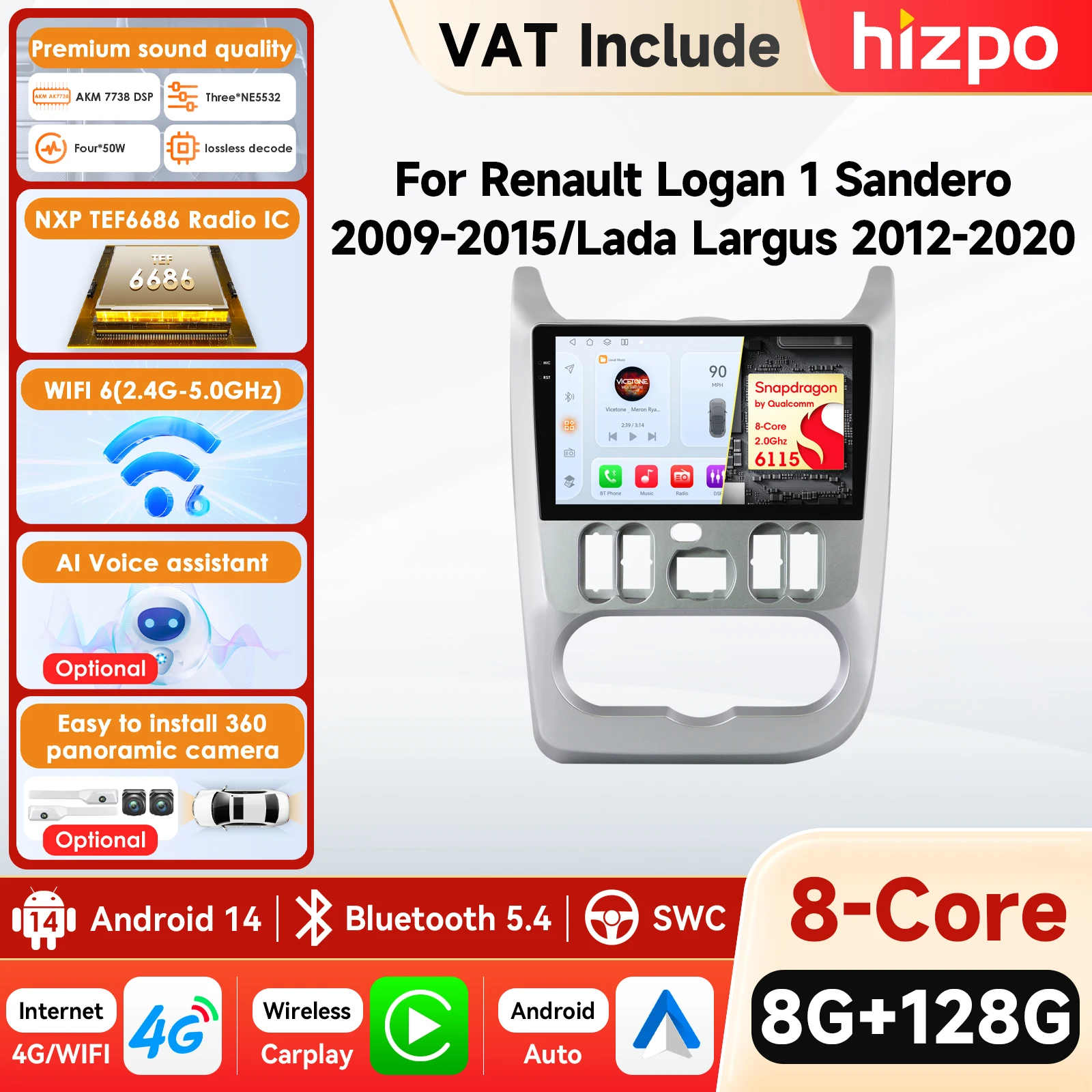 Hizpo 9'' 6115 Système intelligent Carplay 4G 2Din Android 14 Autoradio pour Renault Logan I Sandero Lada Largus Multimédia Vidéo