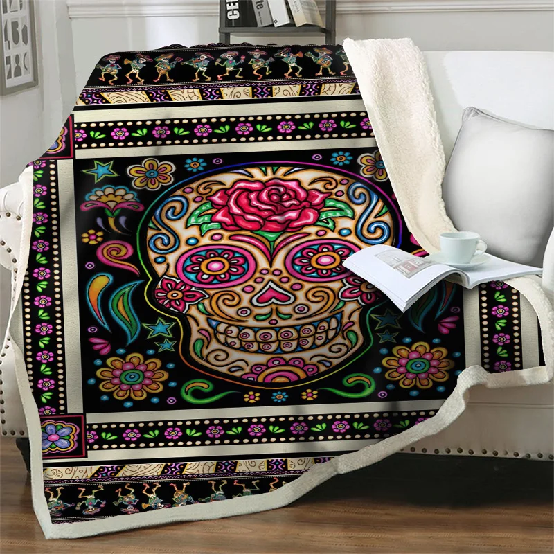 

Artistic Floral Skull 3D Printed Blanket Soft Warm Plush Throw Blanket For Beds Sofa Home Bedding Travel Picnic Quilts Nap Cover