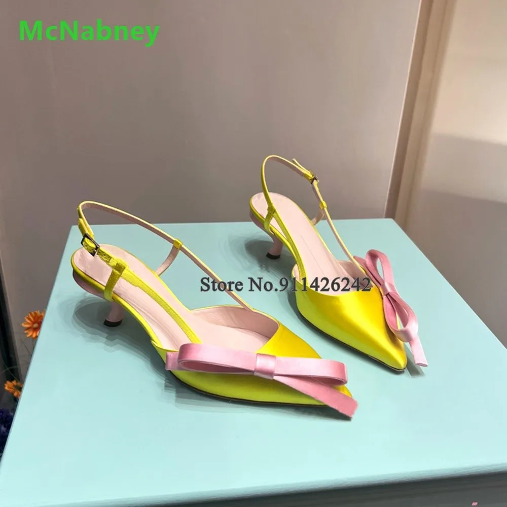 Giallo Silks And Satins Pink Butterfly-knot Pumps per le donne femminili 2024 New Slingback Buckle Strap scarpe a punta con tacco gattino