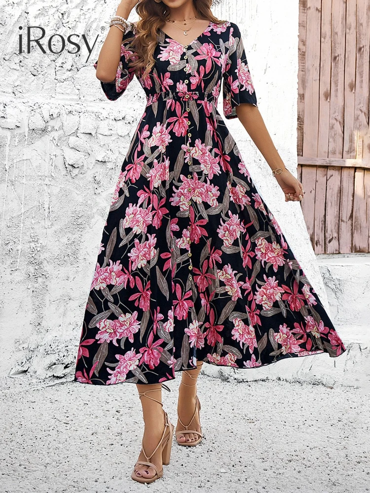 

2024 New in Spring Summer Floral Print Viscose Dress for Women Short Sleeve V Neck Long Beach Vacation Dress with Front Split