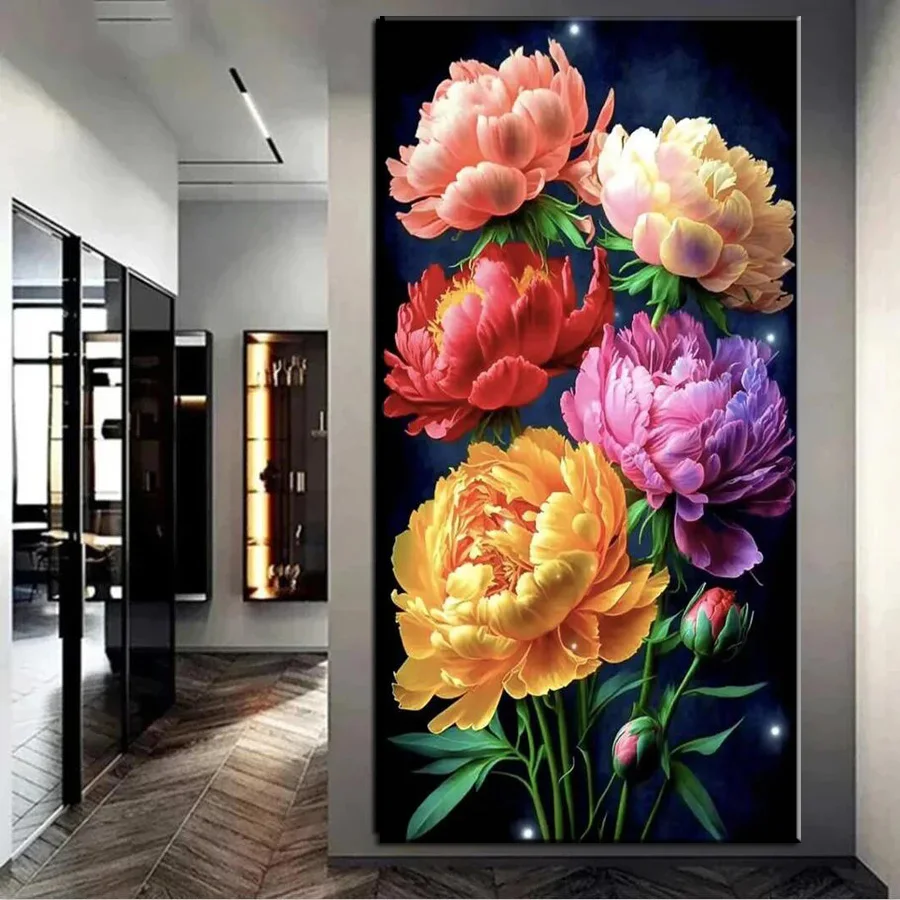 Large Colorful Peony Flowers Green Leaf Diy Diamond painting Full Square Round diamond Art Mosaic Cross stitch kits Floral Style