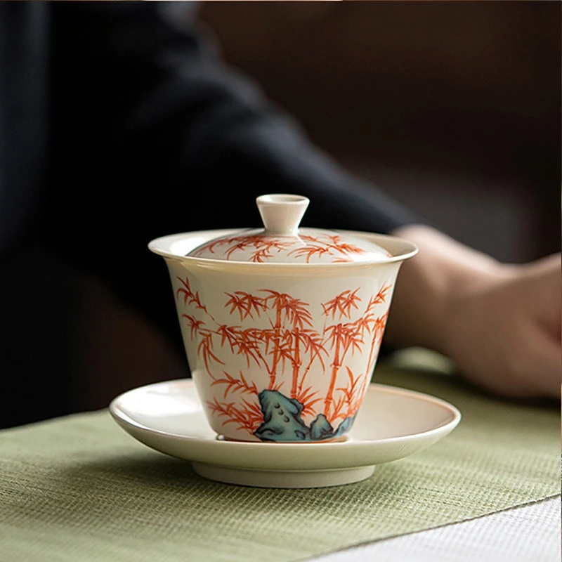 

Antique underglaze Tea Tureen Handmade Ceramic Gaiwan Porcelain Bowl Saucer Vintage Chinese Kung Fu Teacups Retro Teaware Sets
