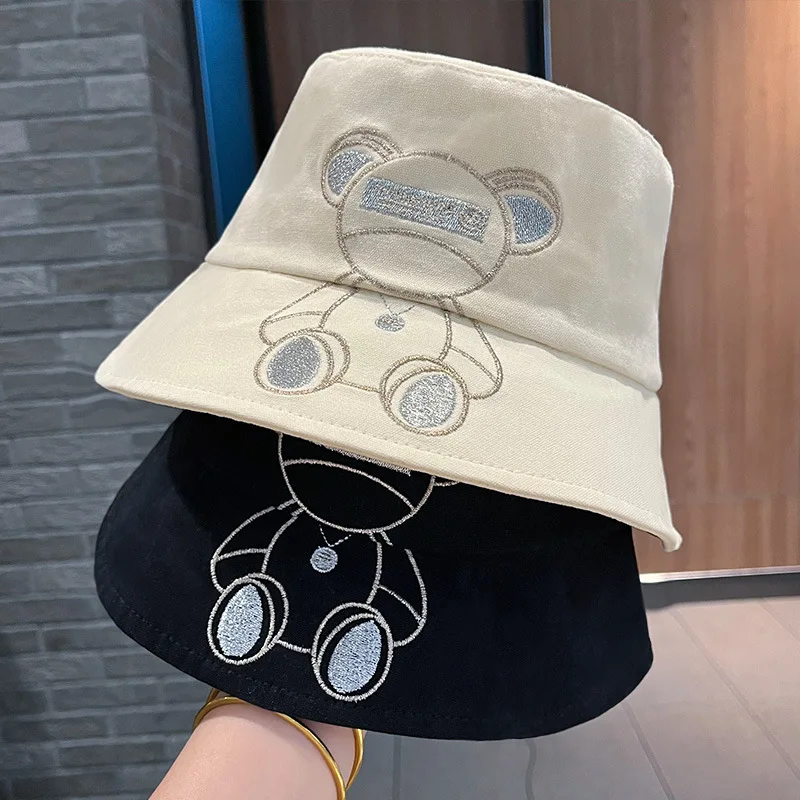 

Fashion Fisherman Hat Female Summer New Bear Embroidery Basin Hats Foldable Sun Cap Simple Bucket Women Caps