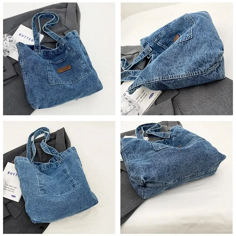 Denim Fabric Handbag Soft Portable Lady Chic Tote Bags Washed Denim Casual Women\'s Denim Bag Crossbody Bag