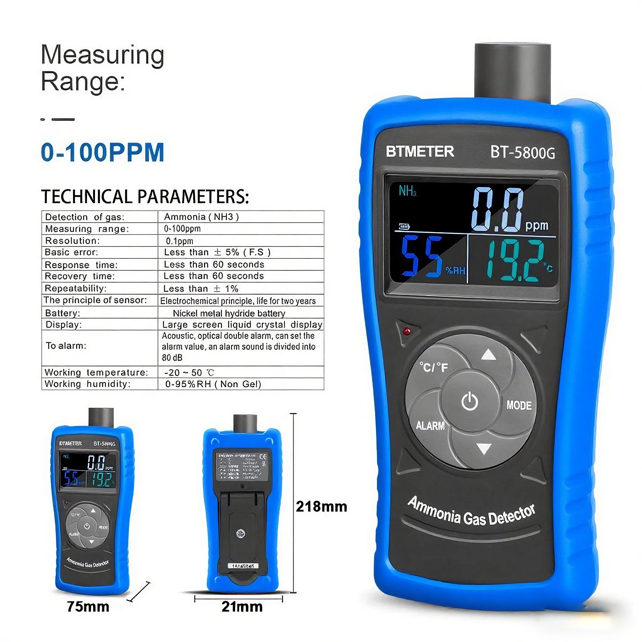 

Ammonia Gas Meter Detector, NH3 Gas Monitor Sensor with Range 0-100 ppm & 0.1ppm Resolution, Portable Air Quality Detector