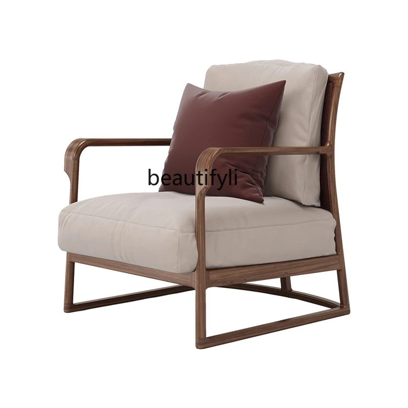 New Chinese Style Black Walnut Single-Seat Sofa Chair Solid Wood Light Luxury Living Room Small Apartment Leisure Chair