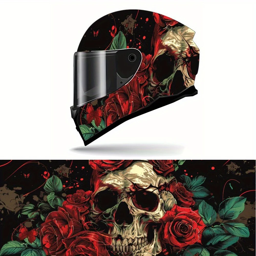 

Красные розы и изношенные черепом, виниловая пленка для мотоциклетного шлема из ПВХ, самоклеящаяся водонепроницаемая наклейка, декоративная пленка против царапин
