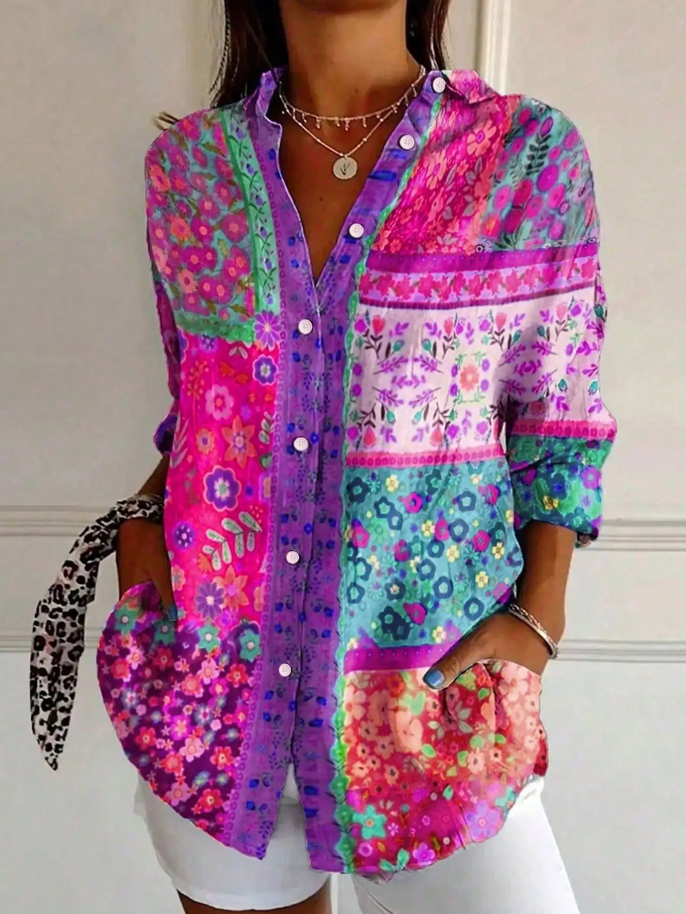 

Женская повседневная рубашка для города — рубашка с длинными рукавами и богемным геометрическим принтом