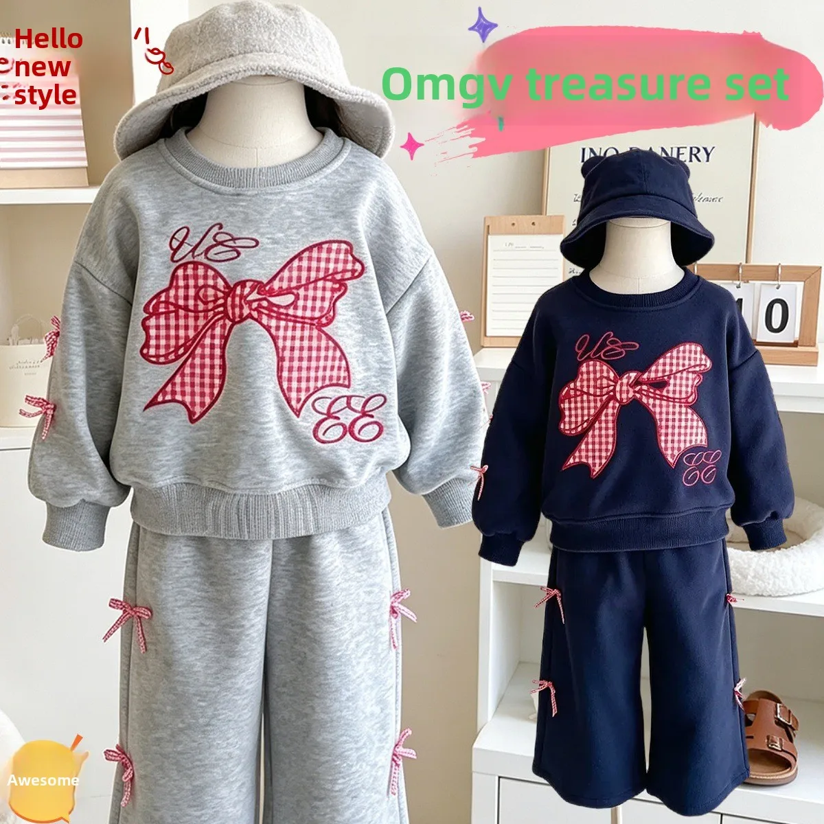2026 New Autumn Girls 2 Piece Sets Children Cotton Long Sleeve Bow Sweatshirt Suit Kids Sports Loose Tracksuit Outfits