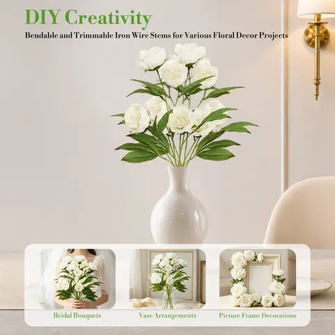 6 Pcs Artificial Silk Peony Bouquets, White/Champagne Artificial Flower With Bendable Iron Wire Stems, Realistic Fake Flowers For Wedding Bridal Bouquet Vase Centerpiece Home Rustic Nordic Party Decor