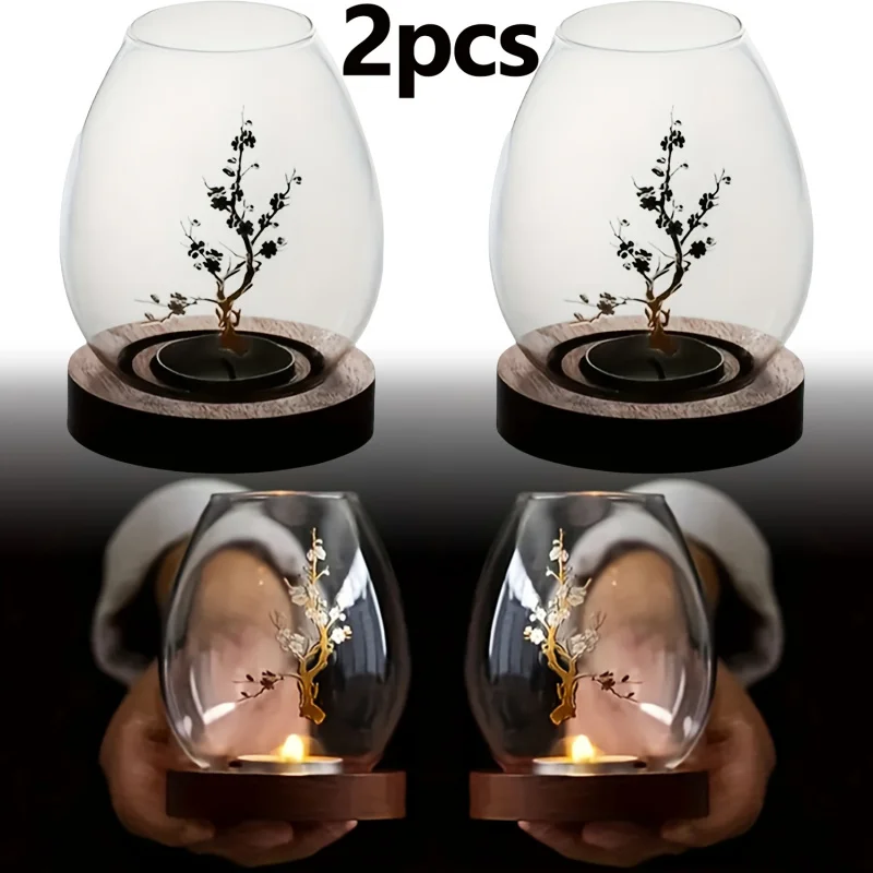 A retro transparent Chinese Zen-style candle holder，Wood and glass material，Features a two-piece design，The pattern is plum blos