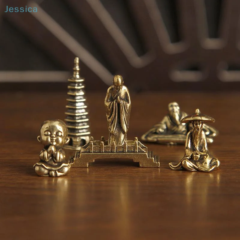 ♥Vintage Brass Zen Mini Figurine Set  Monk,Pagoda & Scholar Statues for Bonsai Decor,Desktop Ornament & Meditation Space