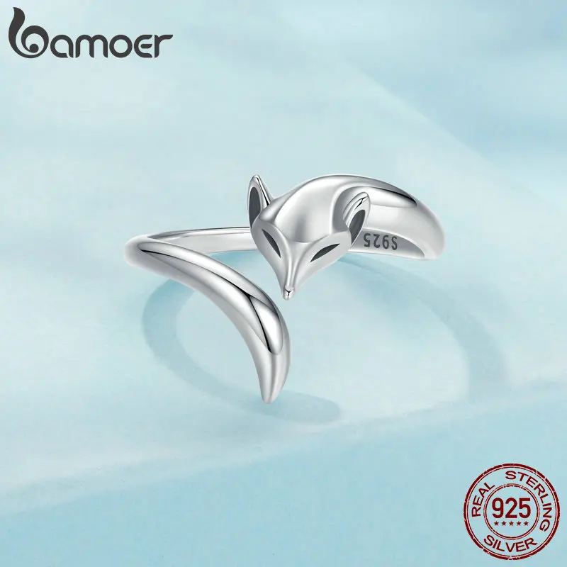 BAMOER Solid 925 Sterling Silver Fox Ring for Women, Animal Fox Tail Adjustable Open Ring Jewelry Gifts for Foxes Lovers SCR1066