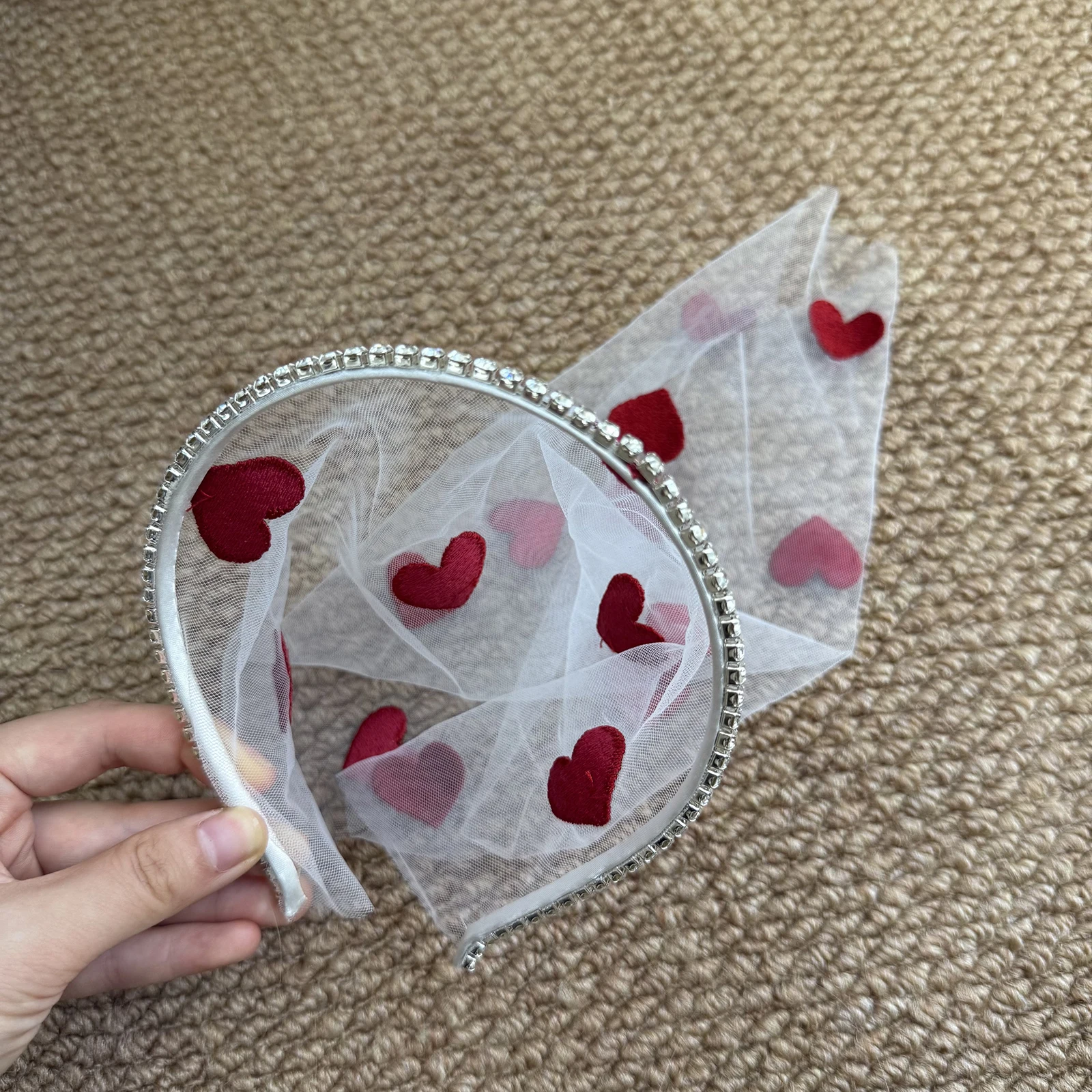 Short Red Heart Veil Headband, Wrapping Tulle Headpiece, Bridesmaid Accessory for Valentine's Day and Bachelorette Party SA264 view 3