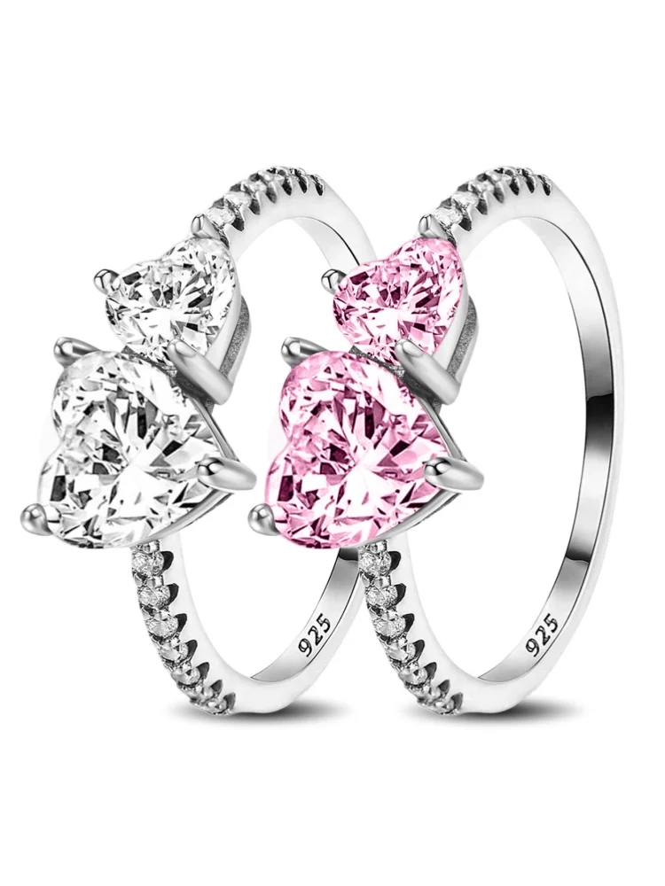925 فضة الزركون البساطة مزدوجة الحب القلب الدائري للنساء المشاركة الزفاف الفاخرة عالية الجودة غرامة مجوهرات