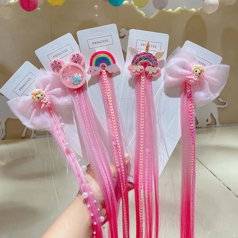 Girls Sequins Hair Pins Clips Rope Colorful Pink Unicorn Rainbows Bow Mouse Ears Hair Bands for Kids Wig Weaving Accessories