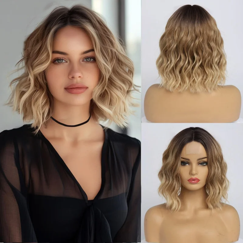 European American style women's short curly lace front wig with highlights and water wave pattern synthetic fiber hairpiece