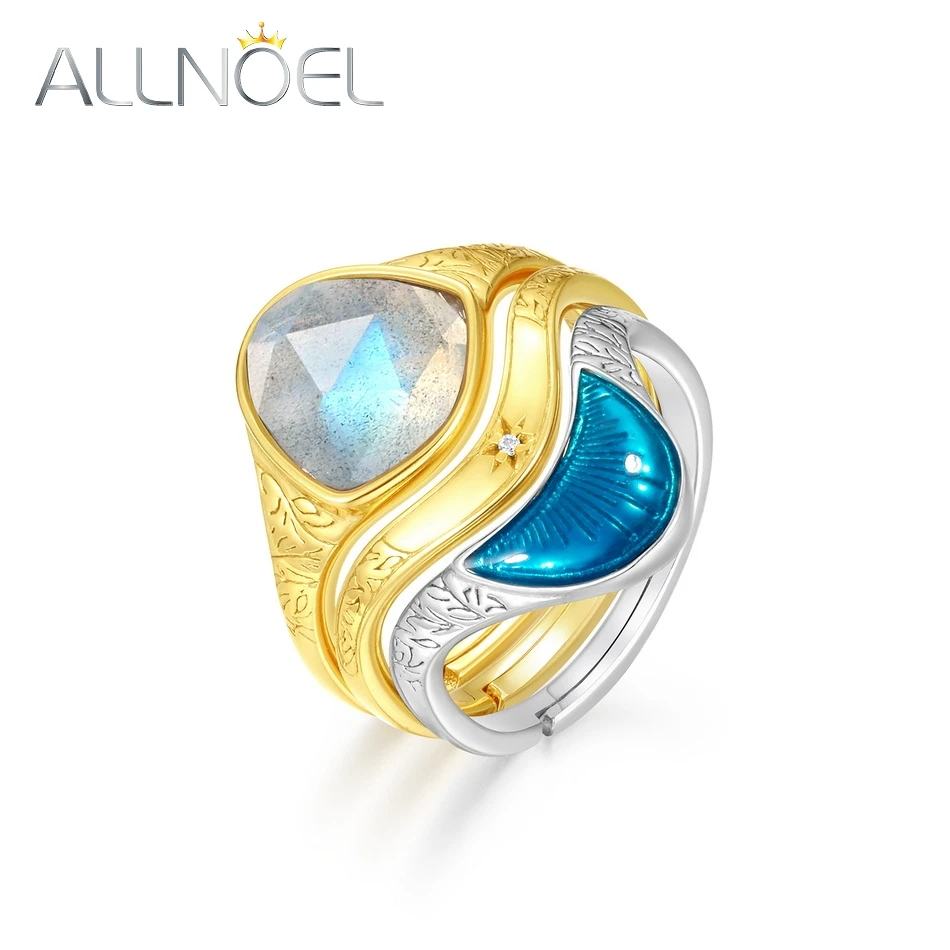 ALLNOEL Stackable Resizable Rings For Women 925 Sterling Silver Blue Enamel Labradorite Gold Plated Fine Jewelry Bridal Gifts