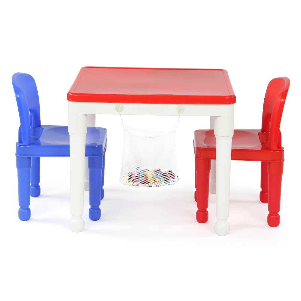 2-in-1 Plastic Kids Activity Table & 2 Chairs Set, White, Red & Blue